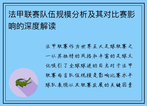 法甲联赛队伍规模分析及其对比赛影响的深度解读
