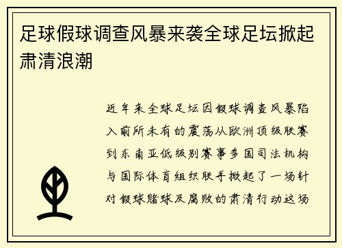 足球假球调查风暴来袭全球足坛掀起肃清浪潮