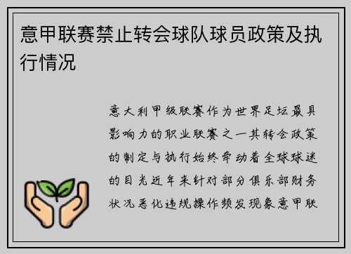 意甲联赛禁止转会球队球员政策及执行情况
